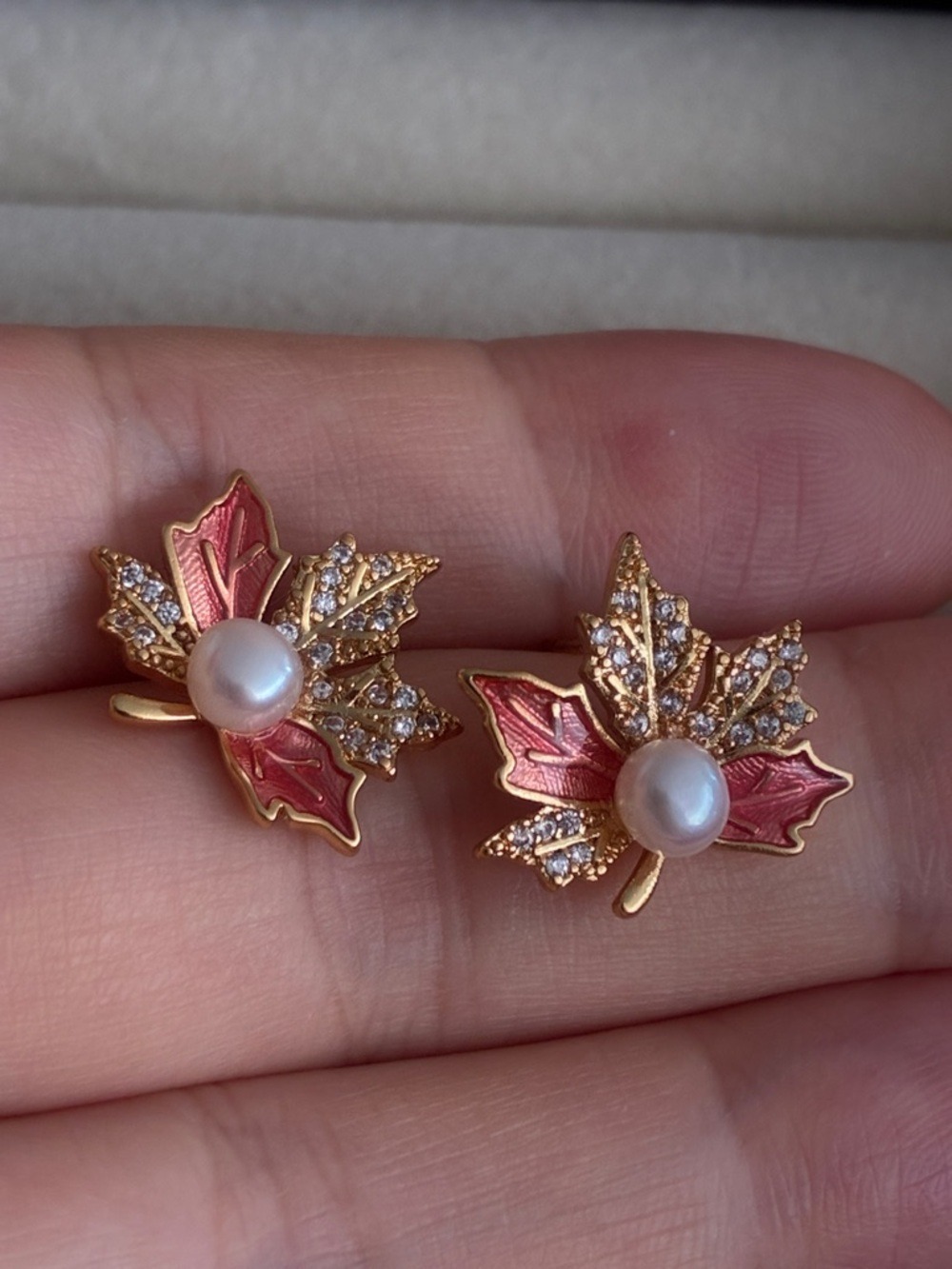 Canada Maple Leaf Pearl Earrings, Red Enamel Stud Cute Fall Jewelry - Picture 3 of 5